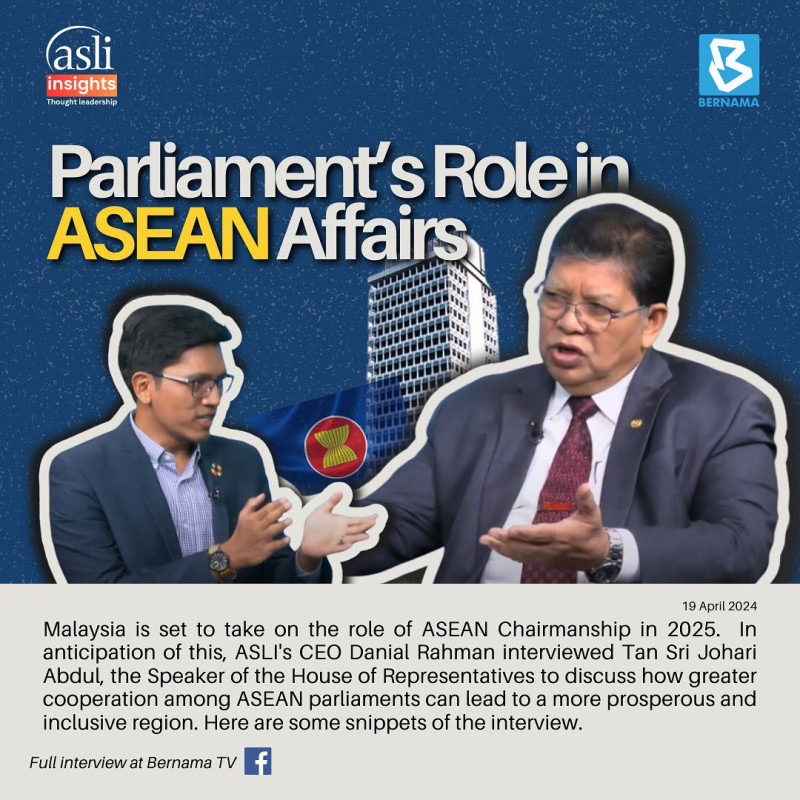 On 19 April 2024, ASLI CEO interviewed YB Tan Sri @johariabdul_, Speaker of the House of Representatives, @parlimenmalaysia, on the role of the Parliament vis-a-vis its chairmanship of the ASEAN Inter-Parliamentary Alliance (AIPA) in 2025. The discussion also covered food security, education, and leadership at national and regional levels.

Watch the full interview here: https://linktr.ee/asli_myofficial

#ASEAN #Malaysia #Parliament #ASLI #EmpoweringLeaders #AdvancingSocities