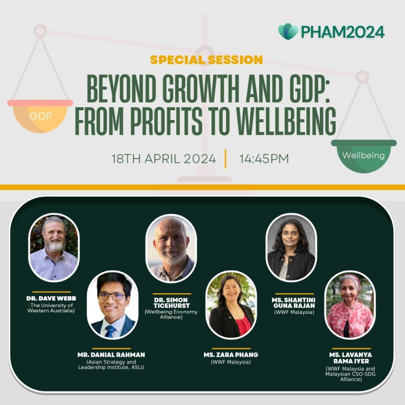 Beyond Growth & GDP: From Profits to Wellbeing

ASLI is proud to host a special session at the 2024 Planetary Health Summit and 6th Annual Meeting (PHAM 2024) titled ‘Beyond Growth & GDP: From Profits to Wellbeing.’

Can we measure a nation's success beyond GDP? The #PHAM2024 session ‘Beyond Growth & GDP’ challenges traditional economic models.

We'll explore alternative frameworks that prioritise well-being, environmental sustainability, and social justice.

Let's help shape a future that values more than just profit!

In-person tickets have sold out, but you can still purchase tickets for online participation at: https://segevents.sunway.edu.my/e/121/planetary-health-annual-meeting-2024-from-evidence-to-action-confronting-reality

#PlanetaryHealth #Sustainability #FromEvidenceToAction #EmpoweringLeaders #AdvancingSocieties

@pham_2024 @sunwaycph