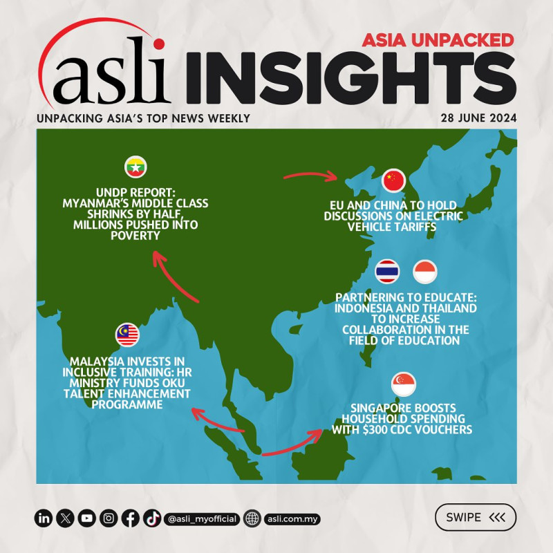 ASLI INSIGHTS: Asia Unpacked | 28 June 2024

ASLI is back with more ASLI INSIGHTS: Asia Unpacked!

Stay tuned for more top news in Asia handpicked by ASLI and for our curated weekly roundup! 

This week’s Asia top news:

1) UNDP Report: Myanmar’s Middle Class Shrinks by Half, Millions Pushed into Poverty - 

-https://www.thestar.com.my/aseanplus/aseanplus-news/2024/06/27/myanmars-middle-class-shrinks-by-50-as-42-million-face-poverty-undp-report 

2) Singapore Boosts Household Spending with $300 CDC Vouchers -

-https://www.straitstimes.com/singapore/s-porean-households-can-now-redeem-300-cdc-vouchers 

-https://www.channelnewsasia.com/singapore/cdc-voucher-june-2024-how-claim-supermarkets-shops-4434366 

3) EU and China to hold discussions on electric vehicle tariffs - 

-https://www.channelnewsasia.com/world/eu-and-china-set-talks-planned-electric-vehicle-tariffs-4429456 

-https://www.bbc.com/news/articles/cw999dwp313o 

4) Indonesia and Thailand Partners in Education - 

-https://en.antaranews.com/news/316677/indonesia-thailand-eye-education-cooperation-boost 

-https://www.thestar.com.my/aseanplus/aseanplus-news/2024/06/23/indonesia-and-thailand-eye-education-cooperation-boost-many-thais-want-to-further-education-in-jakarta 

5) Malaysia Invests in Inclusive Training: HR Ministry Funds OKU Talent Enhancement Programme (RM2 Million) -

-https://www.nst.com.my/news/nation/2024/06/1069101/hr-ministry-allocates-rm2-mil-oku-talent-enhancement-programme 

-https://www.thestar.com.my/news/nation/2024/06/27/hr-minister-lauds-special-needs-inclusivity-efforts-in-conjunction-with-national-training-week 

🌱 Empowering Leaders, Advancing Societies.

Follow us for Asia’s weekly highlights: https://linktr.ee/asli_myofficial 

#ASLI #EmpoweringLeaders #AdvancingSocieties #Asia #News #Myanmar #Singapore #China #Indonesia #Thailand #Malaysia