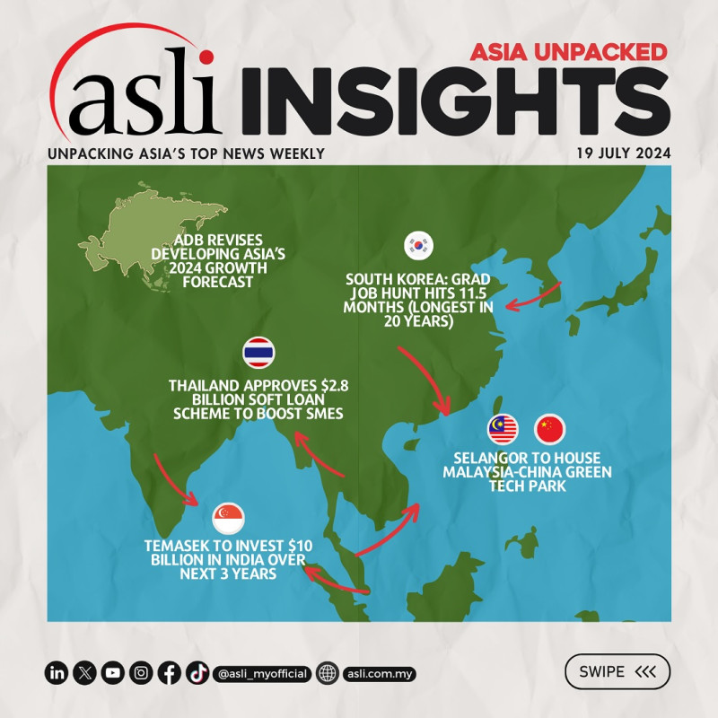 ASLI INSIGHTS: Asia Unpacked | 19 July 2024

ASLI is back with more ASLI INSIGHTS: Asia Unpacked!

Stay tuned for more top news in Asia handpicked by ASLI and for our curated weekly roundup! 

This week’s Asia top news:

1) South Korea: Grad Job Hunt Hits 11.5 Months (Longest in 20 Years) -

-https://www.koreatimes.co.kr/www/biz/2024/07/602_378772.html 

-https://english.news.cn/asiapacific/20240716/71970278551543698946014aa2bf5b8d/c.html 

2) ADB Revises Developing Asia’s 2024 Growth Forecast -

-https://www.bernama.com/en/news.php?id=2318772 

-https://theedgemalaysia.com/node/719294

3) Thailand Approves $2.8 Billion Soft Loan Scheme to Boost SMEs -

-https://www.thestar.com.my/business/business-news/2024/07/16/thailand-approves-us28bil-soft-loan-scheme-for-commercial-banks

-https://www.bangkokpost.com/business/general/2830487/cabinet-okays-b100bn-soft-loan-aimed-at-smes

4) Temasek to Invest $10 Billion in India Over Next 3 Years -

-https://www.business-standard.com/companies/news/temasek-looks-to-invest-10-billion-in-the-next-3-years-in-india-124071500913_1.html 

-https://www.businesstoday.com.my/2024/07/15/temasek-aims-to-invest-up-to-us12-billion-in-india-as-china-weighs/ 

5) Selangor To House Malaysia-China Green Tech Park -

-https://www.thestar.com.my/business/business-news/2024/07/17/malaysia-china-in-tie-up-to-develop-digital-economy 

🌱 Empowering Leaders, Advancing Societies.

Follow us for Asia’s weekly highlights: https://linktr.ee/asli_myofficial 

#ASLI #EmpoweringLeaders #AdvancingSocieties #Asia #News #SouthKorea #Thailand #Singapore #India #Malaysia #China