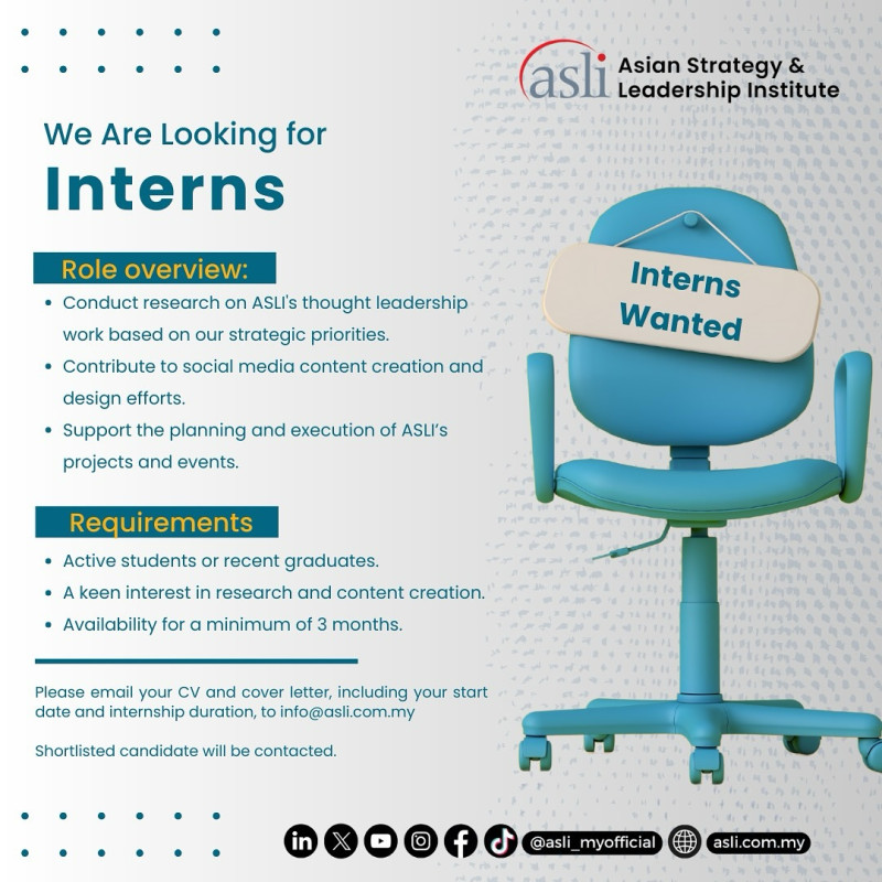 ASLI is looking for interns!

To apply, please email your CV, personalised cover letter and available internship duration to info@asli.com.my.

All applications are valued, and shortlisted candidates will be contacted for further discussions.

Thank you.