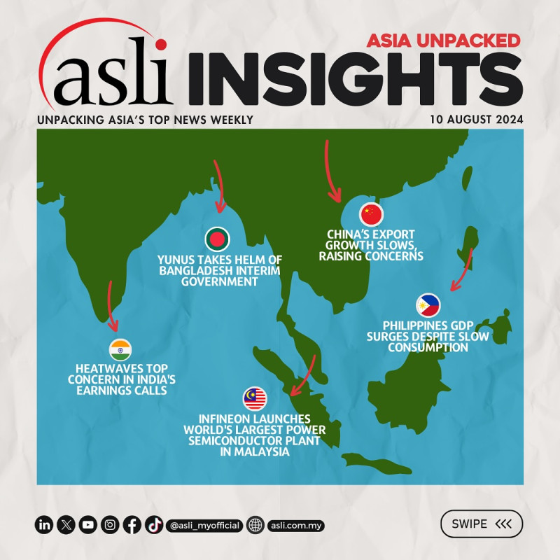 ASLI INSIGHTS: Asia Unpacked | 10 August 2024

ASLI is back with more ASLI INSIGHTS: Asia Unpacked!

Stay tuned for more top news in Asia handpicked by ASLI and for our curated weekly roundup! 

This week’s Asia top news:

1) Yunus Takes Helm of Bangladesh Interim Government - 

-https://bernama.com/en/world/news.php?id=2327126 

-https://www.aljazeera.com/news/2024/8/8/muhammad-yunus-takes-oath-as-head-of-bangladeshs-interim-government 

2) Heatwaves Top Concern in India’s Earnings Calls -

-https://economictimes.indiatimes.com/small-biz/trade/exports/insights/mention-of-heatwaves-at-all-time-high-in-indias-earnings-calls/articleshow/112392374.cms?from=mdr 

3) Infineon Launches World’s Largest Power Semiconductor Plant in Malaysia -

-https://asia.nikkei.com/Business/Tech/Semiconductors/Infineon-opens-largest-power-semiconductor-plant-in-Malaysia 

4) Philippines GDP Surges Despite Slow Consumption - 

-https://asia.nikkei.com/Economy/Philippines-GDP-accelerates-to-6.3-despite-anemic-consumption 

5) China’s Export Growth Slows, Raising Concerns -

-https://www.reuters.com/markets/asia/chinas-exports-growth-slows-3-month-low-july-imports-up-solidly-2024-08-07/ 

-https://www.straitstimes.com/business/china-export-growth-slows-to-3-month-low-in-july-but-imports-up-solidly 

🌱 Empowering Leaders, Advancing Societies.

Follow us for Asia’s weekly highlights: https://linktr.ee/asli_myofficial 

#ASLI #EmpoweringLeaders #AdvancingSocieties #Asia #News #Bangladesh #India #Malaysia #Philippines #China