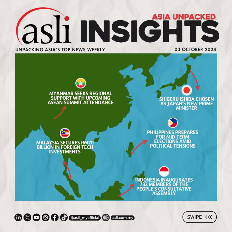 ASLI INSIGHTS: Asia Unpacked | 03 October 2024

ASLI is back with more ASLI INSIGHTS: Asia Unpacked!

Stay tuned for more top news in Asia handpicked by ASLI and for our curated weekly roundup! 

This week’s Asia top news:

1) Malaysia secures RM70 Billion in Foreign Tech Investment
- https://www.thestar.com.my/business/business-news/2024/10/02/oracle-to-invest-more-than-us65bil-in-ai-and-cloud-computing-in-malaysia 
- https://bernama.com/en/news.php?id=2346460 
- https://www.cnbc.com/2024/06/17/malaysia-emerges-as-asian-data-center-powerhouse-amid-booming-demand.html 
2) Shigeru Ishiba Chosen as Japan’s New Prime Minister
- https://asia.nikkei.com/Politics/Japan-s-new-PM/Shigeru-Ishiba-chosen-as-Japan-s-new-prime-minister-by-Diet 
- https://www.channelnewsasia.com/east-asia/japan-shigeru-ishiba-confirmed-new-prime-minister-set-unveil-cabinet-4650921 
3) Philippines Prepares for Mid-Term Elections Amid Political Tensions
- https://www.thestar.com.my/aseanplus/aseanplus-news/2024/10/02/marcos-duterte-battle-in-focus 
- https://thediplomat.com/2024/10/philippines-opens-candidate-registration-period-for-mid-term-elections/ 
4) Myanmar Seeks Regional Support with Upcoming ASEAN Summit Attendance
- https://asia.nikkei.com/Spotlight/Myanmar-Crisis/Myanmar-seeks-ASEAN-compromise-to-join-first-summit-since-takeover
5) Indonesia Inaugurates 732 Members of the People’s Consultative Assembly
- https://www.channelnewsasia.com/asia/indonesia-parliament-pdip-puan-maharani-comedians-celebrities-4653791 
- https://www.bernama.com/en/news.php?id=2346598 

🌱 Empowering Leaders, Advancing Societies.

Follow us for Asia’s weekly highlights: https://linktr.ee/asli_myofficial 

#ASLI #EmpoweringLeaders #AdvancingSocieties #Asia #News #Malaysia #Japan #Philippines #Myanmar #Indonesia