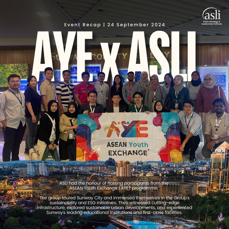 🌏 ASLI Welcomes ASEAN Youth Exchange Delegation

On 24th September 2024, we were delighted to host a delegation from the ASEAN Youth Exchange (AYE), a flagship programme organised by the ASEAN Youth Organisation (AYO). The visit was a wonderful opportunity to showcase regional cooperation in action.

During their time here, we took the group on a tour of Sunway City, and showcased Sunway Group’s sustainability initiatives and how these efforts are implemented on the ground. We also shared insights into ASLI’s core missions and ongoing projects.

We extend our gratitude to AYE for choosing to visit us and look forward to nurturing continued regional collaboration.

🌱 Empowering Leaders, Advancing Societies.

🔗 Stay connected for more updates: https://linktr.ee/asli_myofficial

#ASLI #EmpoweringLeaders #AdvancingSocieties #ASEANYouthExchange #AYE2024 #Sustainability #RegionalCooperation

@ayoasean @aseanyouth.my