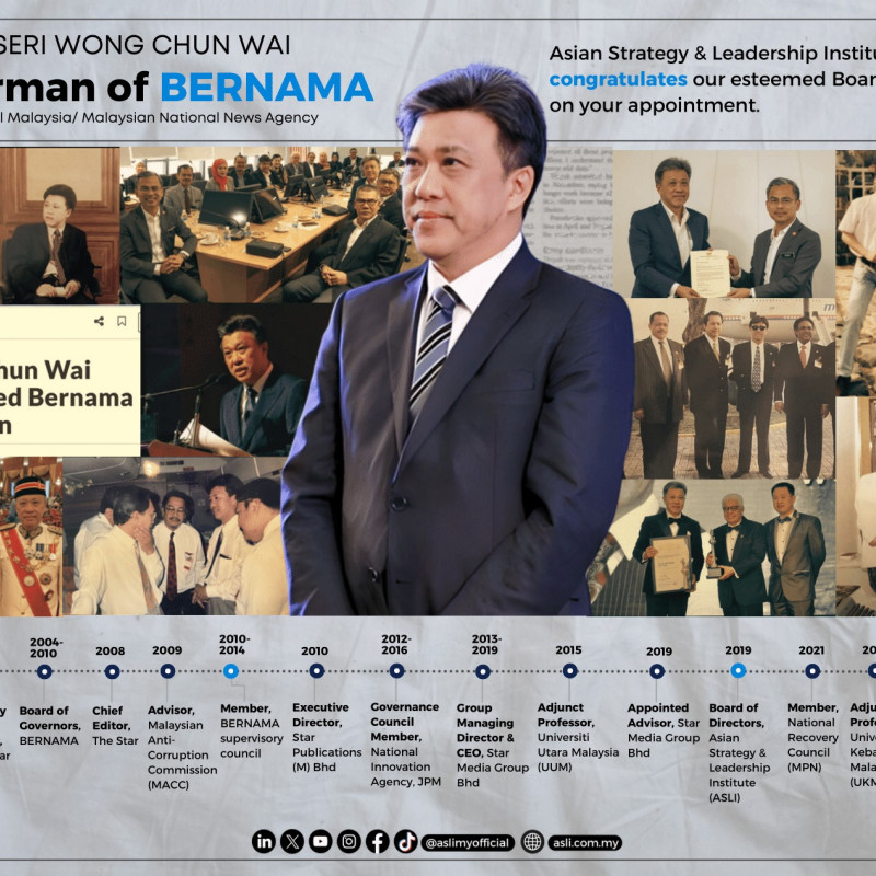 Datuk Seri Wong Chun Wai appointed as Chairman of BERNAMA

Asian Strategy & Leadership Institute (ASLI) would like to congratulate our esteemed board member, Datuk Seri Wong Chun Wai, on his appointment as Chairman of BERNAMA. We believe that with this new appointment, he will continue to inspire and lead with the same level of enthusiasm and expertise that he has demonstrated throughout his career journey.