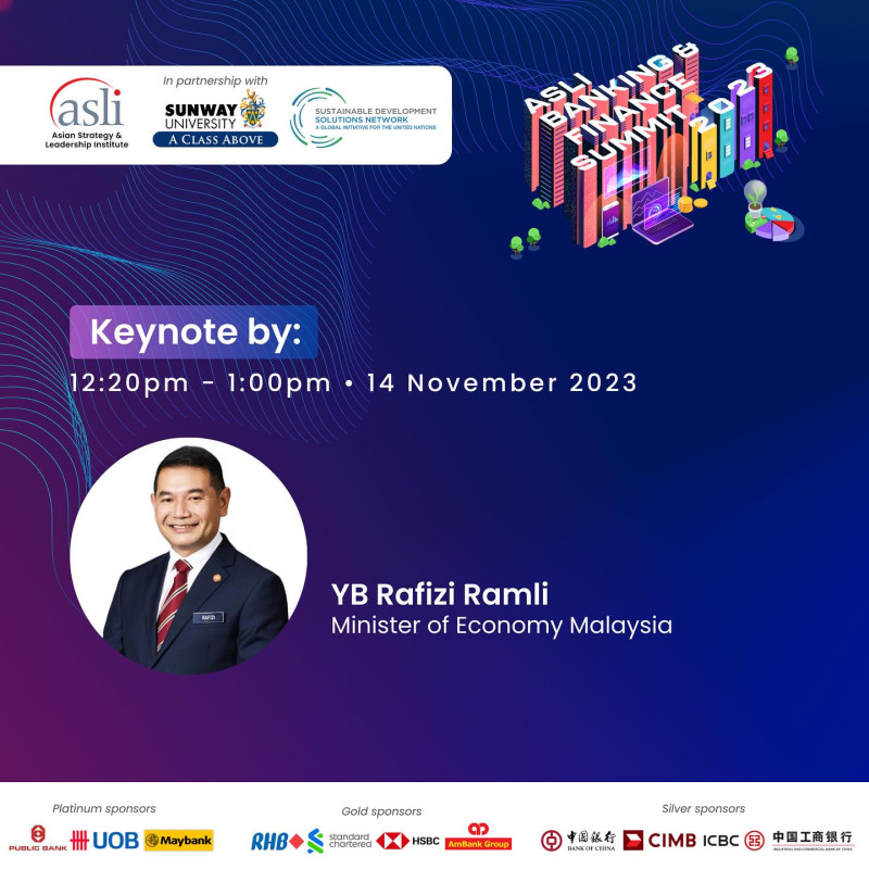We are honoured to announce that YB Rafizi Ramli, Minister of Economy Malaysia will be delivering a Luncheon Keynote Address at the ASLI Banking & Finance Summit 2023.

We would like to inform everyone that all seats for the summit have been fully taken up, and we thank everyone for the support. 

For more info, please visit: https://www.asli.com.my/event/asli-banking-finance-summit-2023 

Follow ASLI on social media https://linktr.ee/aslimyofficial